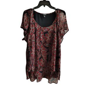 Roz&Ali Women's 1X Black, Red, and‎ White Floral Polka Dot Cold Shoulder Blouse